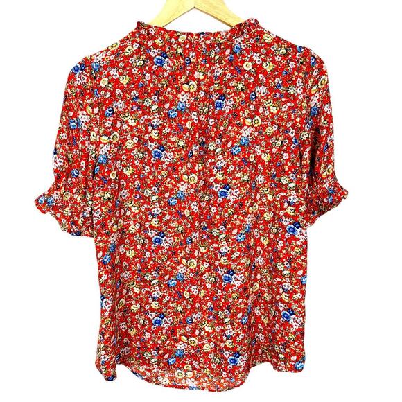 Pleione Women's Micro Floral Ruffle Short Sleeve Red Blue Yellow Sz S - Picture 2 of 8